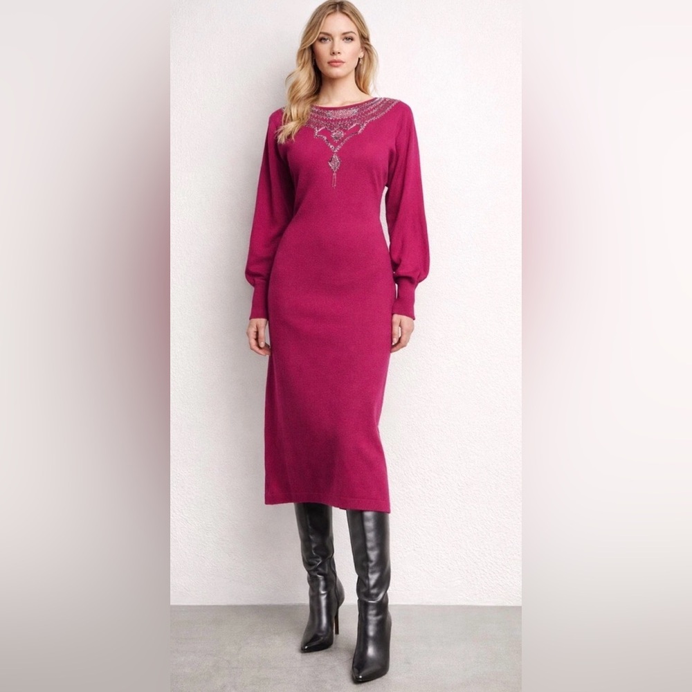 Vintage Evanna Lambswool Beaded Sweater Dress Fuchsia Pink Petite 12P